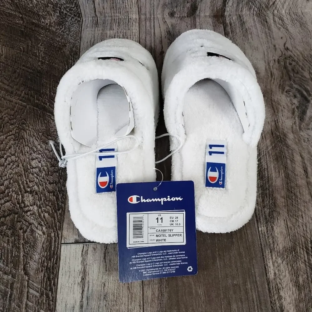 Champion Motel Slippers Youth Size 11 Terrycloth Girls Hard Sole Cushioned White